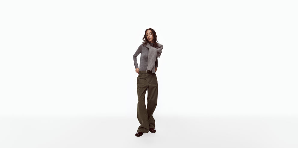 Gap × Victoria Beckham: Grey knit with green trousers