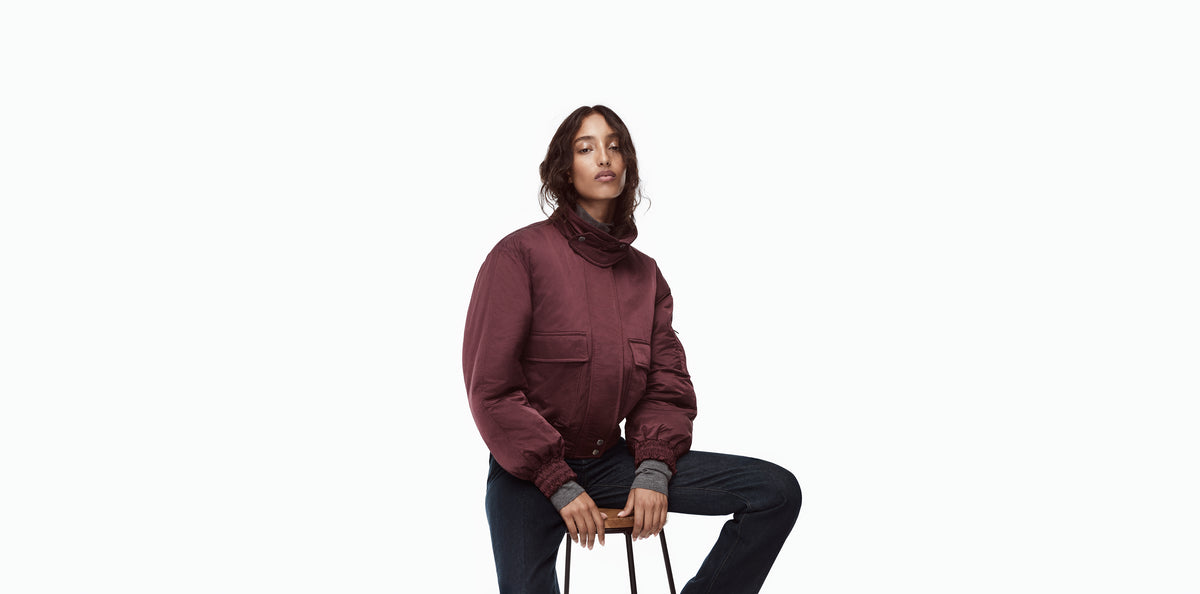 Gap × Victoria Beckham: Seated burgundy jacket look