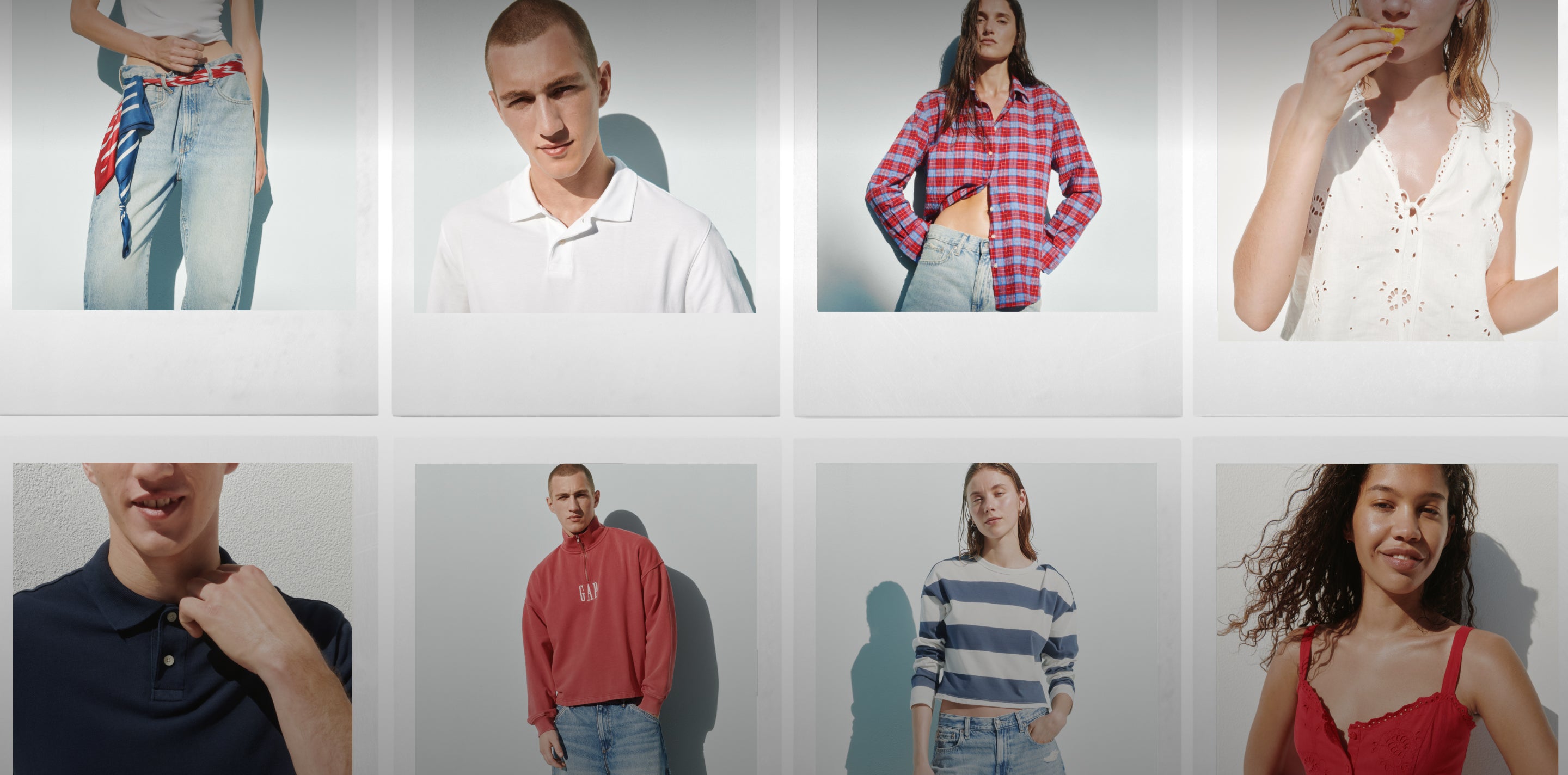 A collage of eight fashion models wearing different apparel items, including jeans, a white polo shirt, a red and white plaid crop top, a white lace top, a navy polo shirt, a red sweatshirt, a blue and white striped long-sleeve top, and a red camisole, all set against a clean white background with soft shadows.