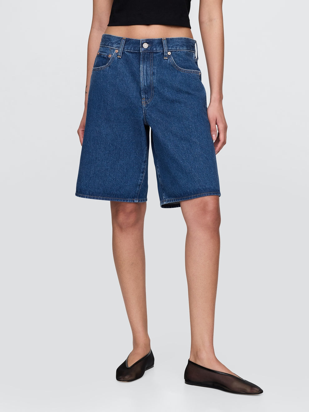 11" Mid Rise Longline Denim Shorts - Medium indigo