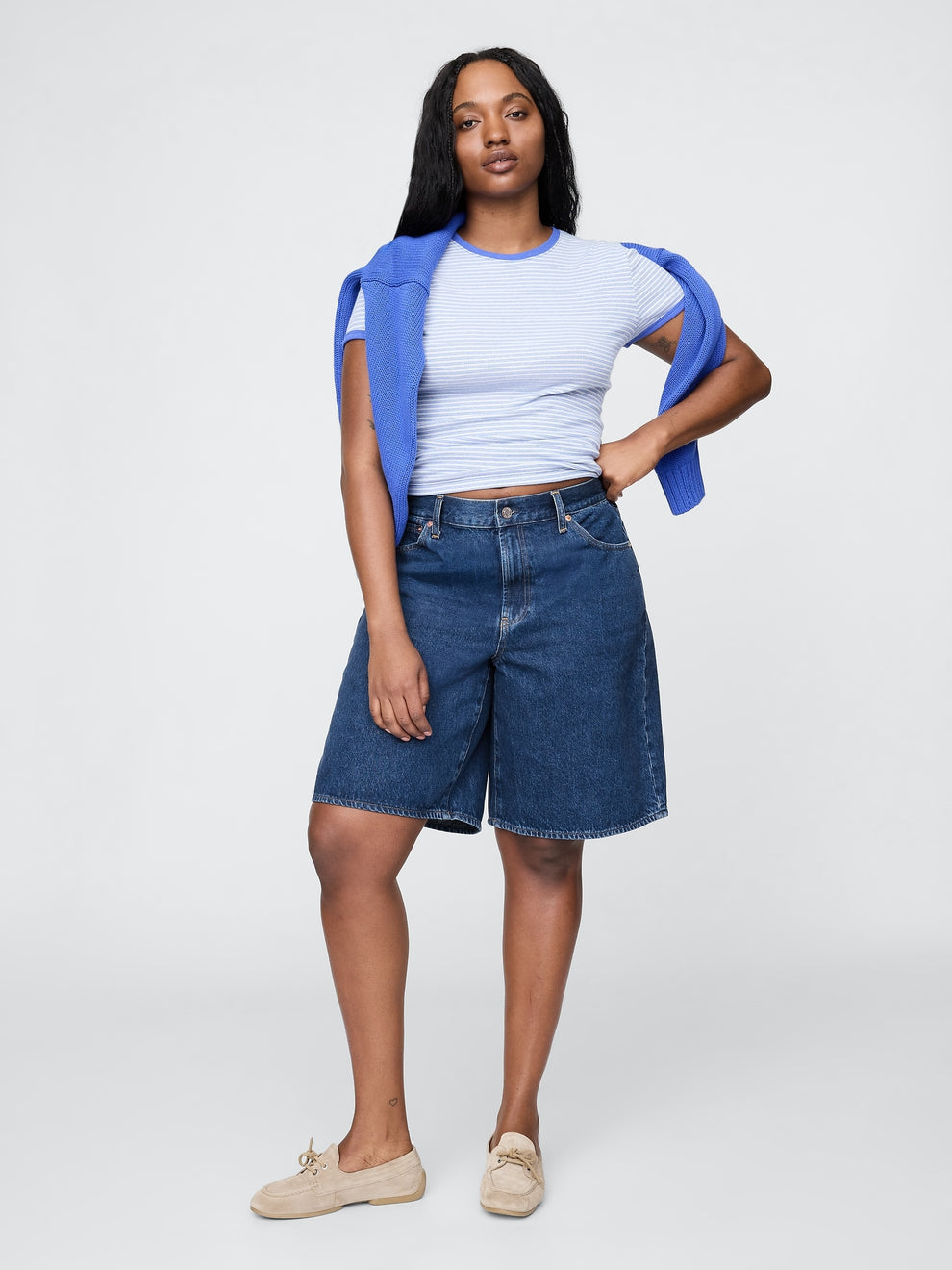 11" Mid Rise Longline Denim Shorts - Medium indigo