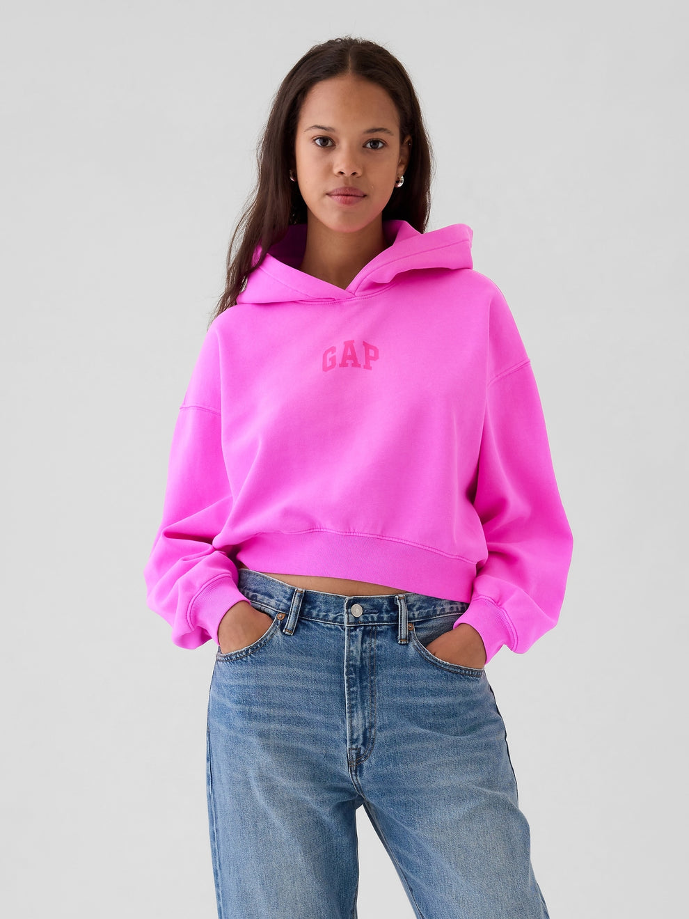 VintageSoft Crop Logo Hoodie - Neon pink