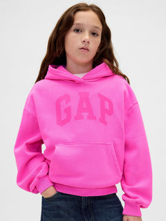 Gap Kids VintageSoft Logo Hoodie in Standout pink, front view on a child model