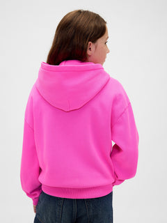 Gap Kids VintageSoft Logo Hoodie in Standout pink, back view on a child model