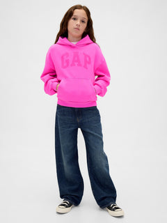 Gap Kids VintageSoft Logo Hoodie in Standout pink, full-length view on a child model