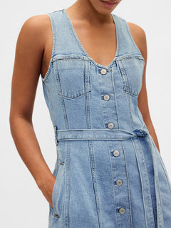 Denim Tie-Belt Button-Front Maxi Dress - Medium wash