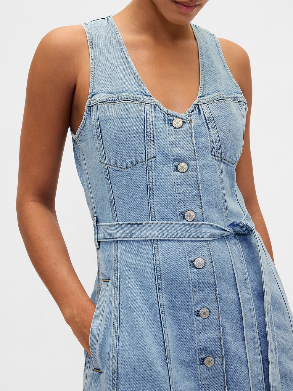 Denim Tie-Belt Button-Front Maxi Dress - Medium wash