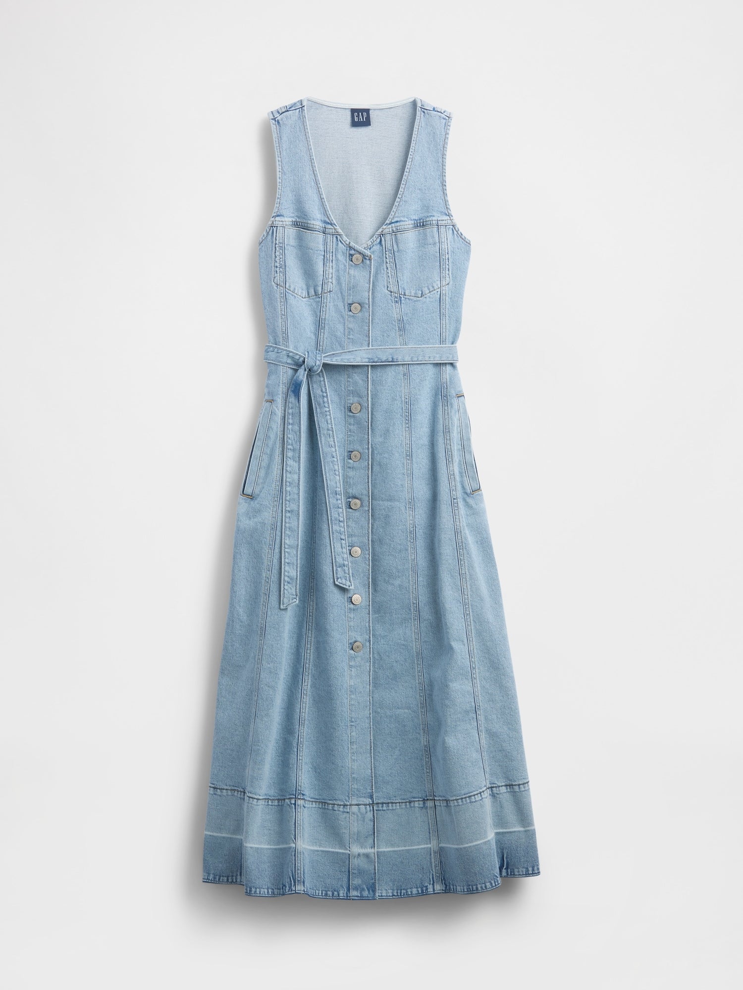 Denim Tie-Belt Button-Front Maxi Dress - Medium wash