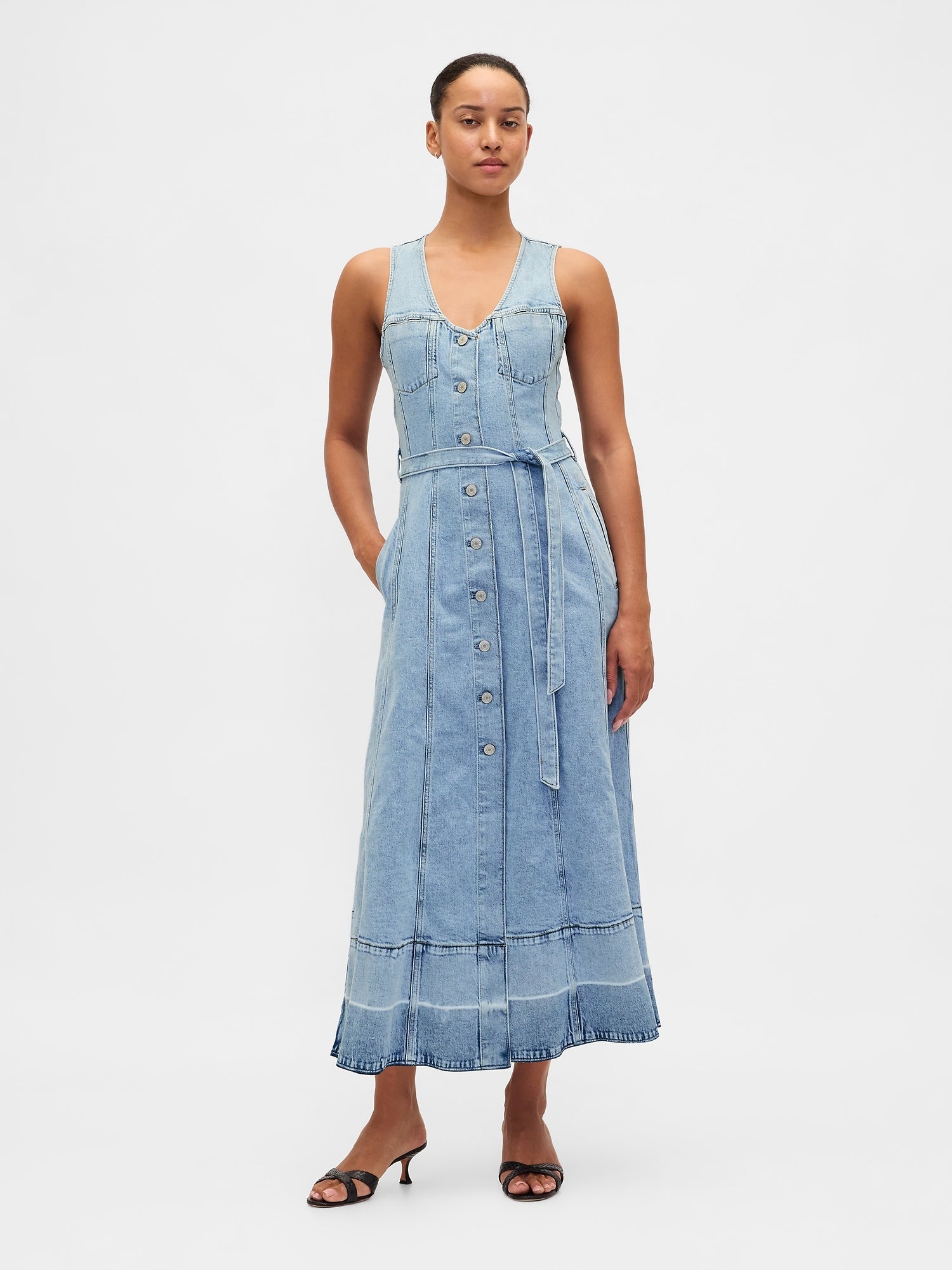 Denim Tie-Belt Button-Front Maxi Dress - Medium wash