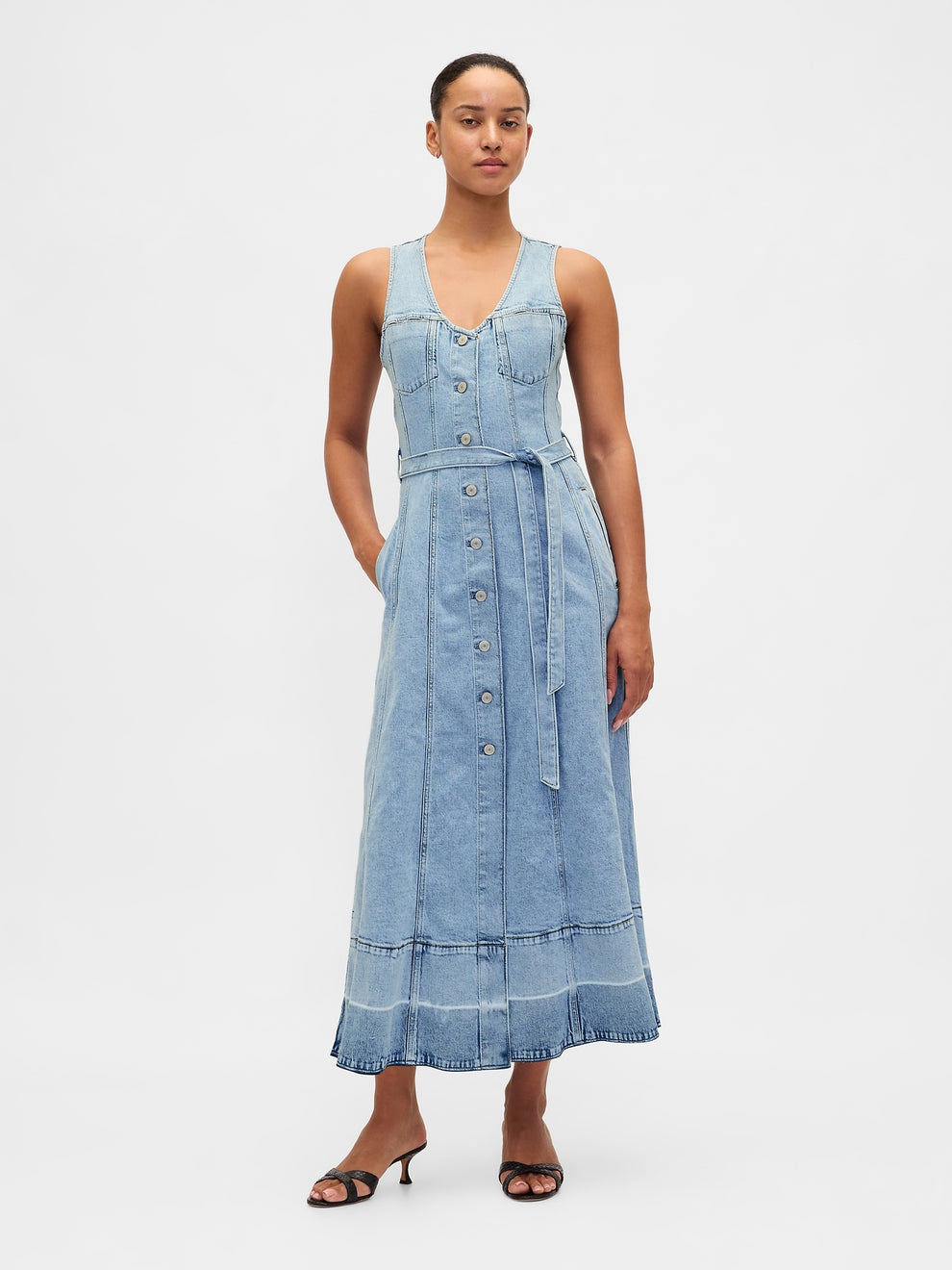 Denim Tie-Belt Button-Front Maxi Dress - Medium wash