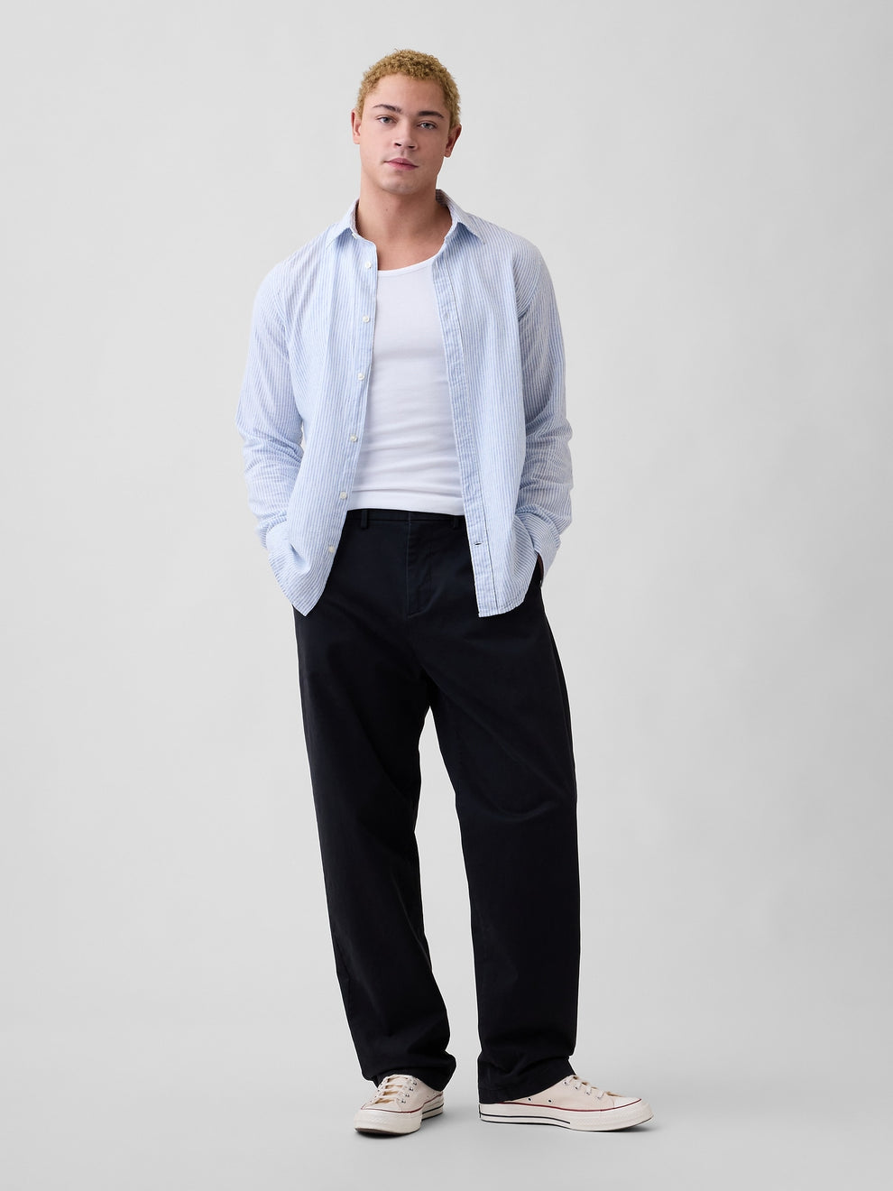 Linen-Blend Shirt in Standard Fit - White blue stripe