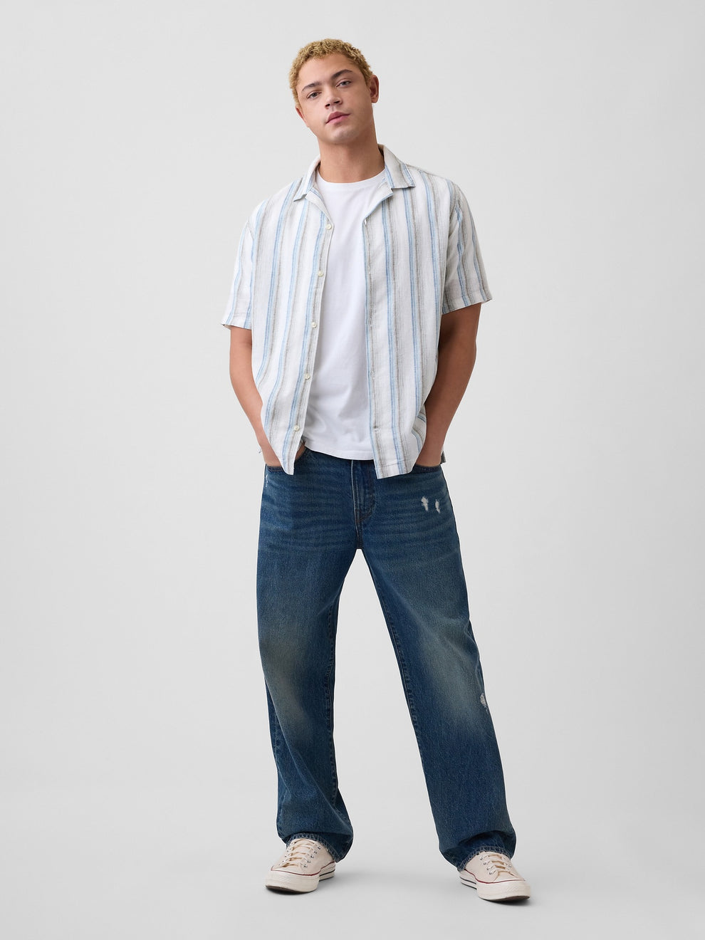 Linen-Blend Vacay Shirt in Standard Fit - Green stripe