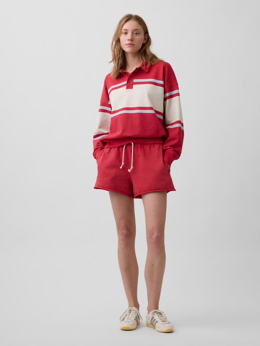 VintageSoft Terry Oversized Polo Sweatshirt - Red stripe