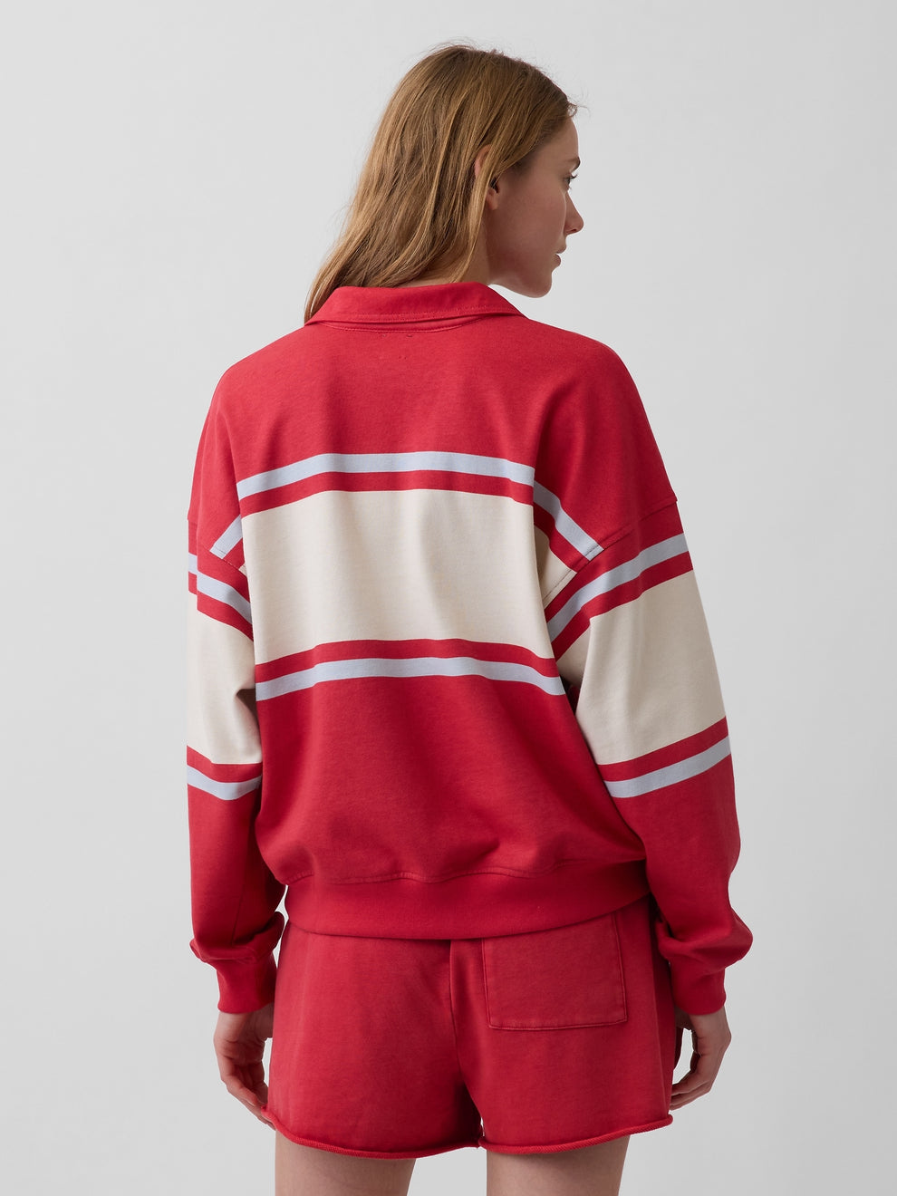 VintageSoft Terry Oversized Polo Sweatshirt - Red stripe