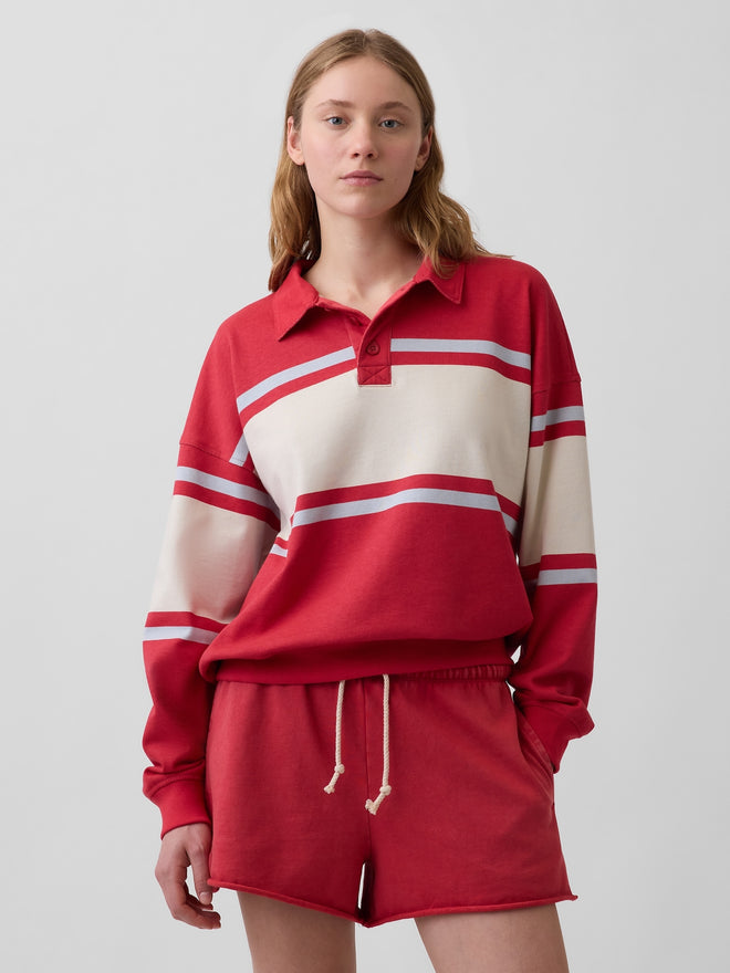 VintageSoft Terry Oversized Polo Sweatshirt - Red stripe
