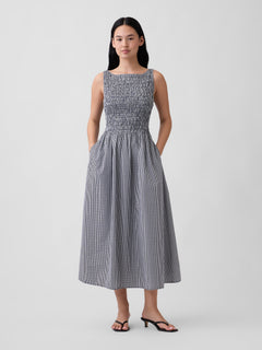 Smocked Boatneck Maxi Dress - Navy gingham