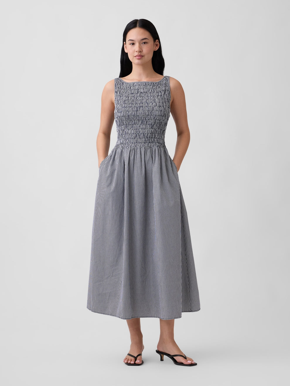 Smocked Boatneck Maxi Dress - Navy gingham