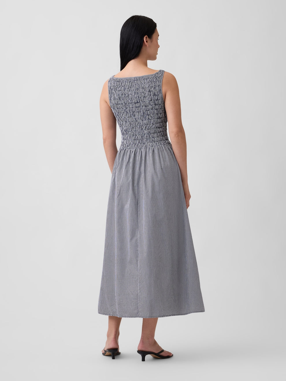 Smocked Boatneck Maxi Dress - Navy gingham