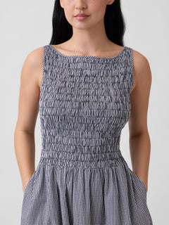 Smocked Boatneck Maxi Dress - Navy gingham