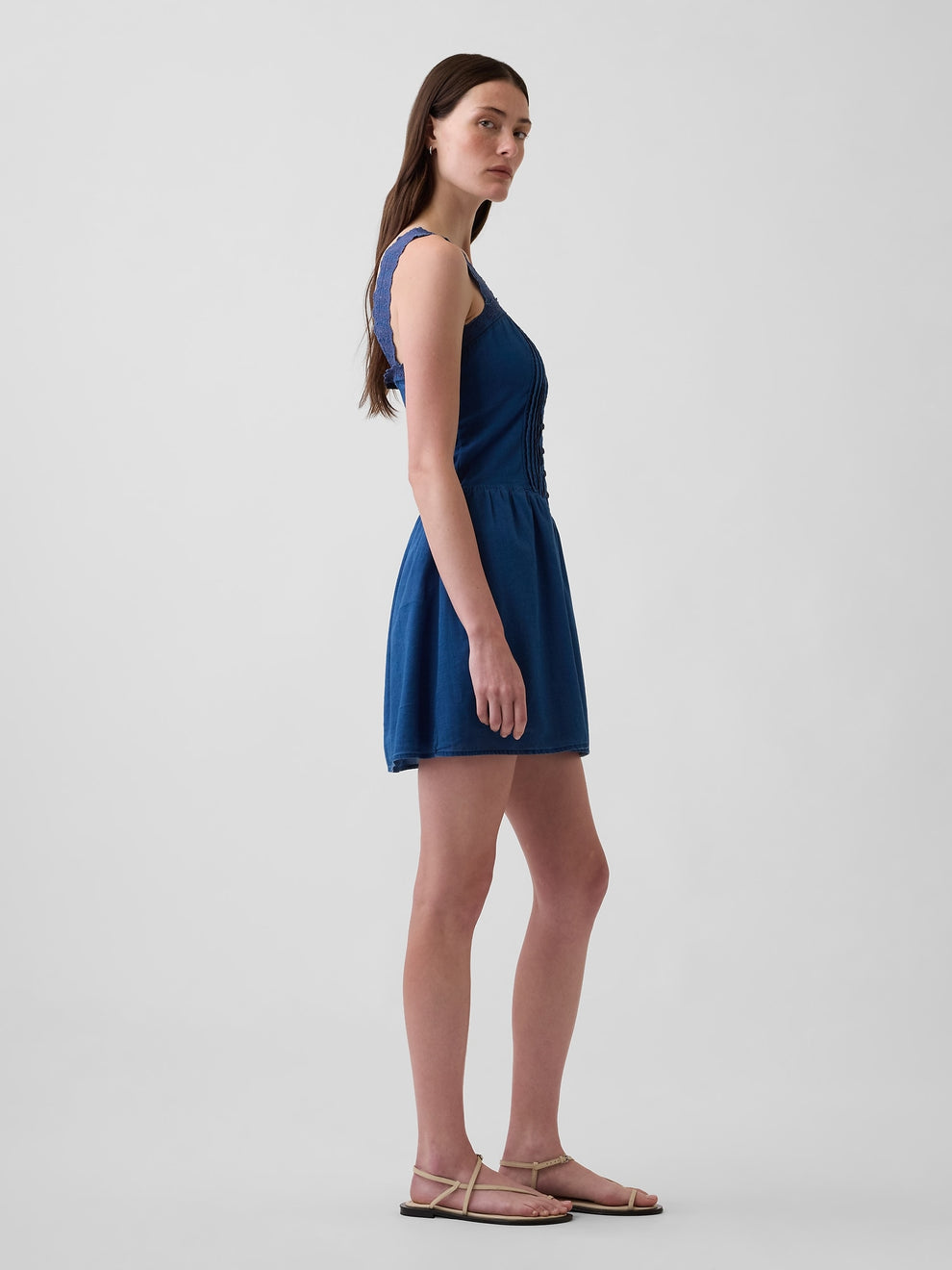 Pintuck Drop-Waist Mini Dress - Medium wash