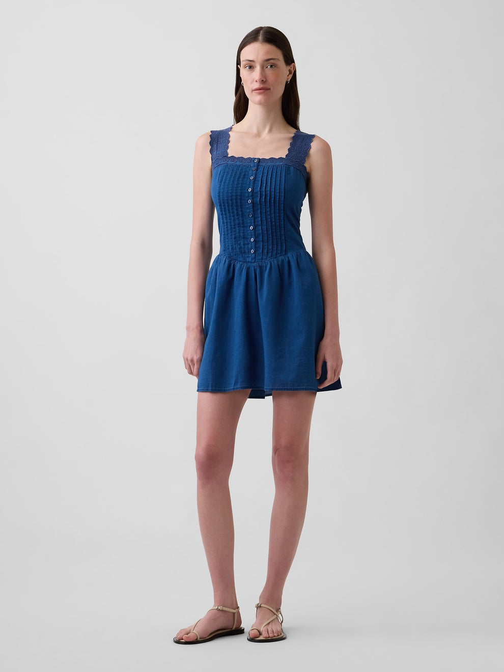 Pintuck Drop-Waist Mini Dress - Medium wash