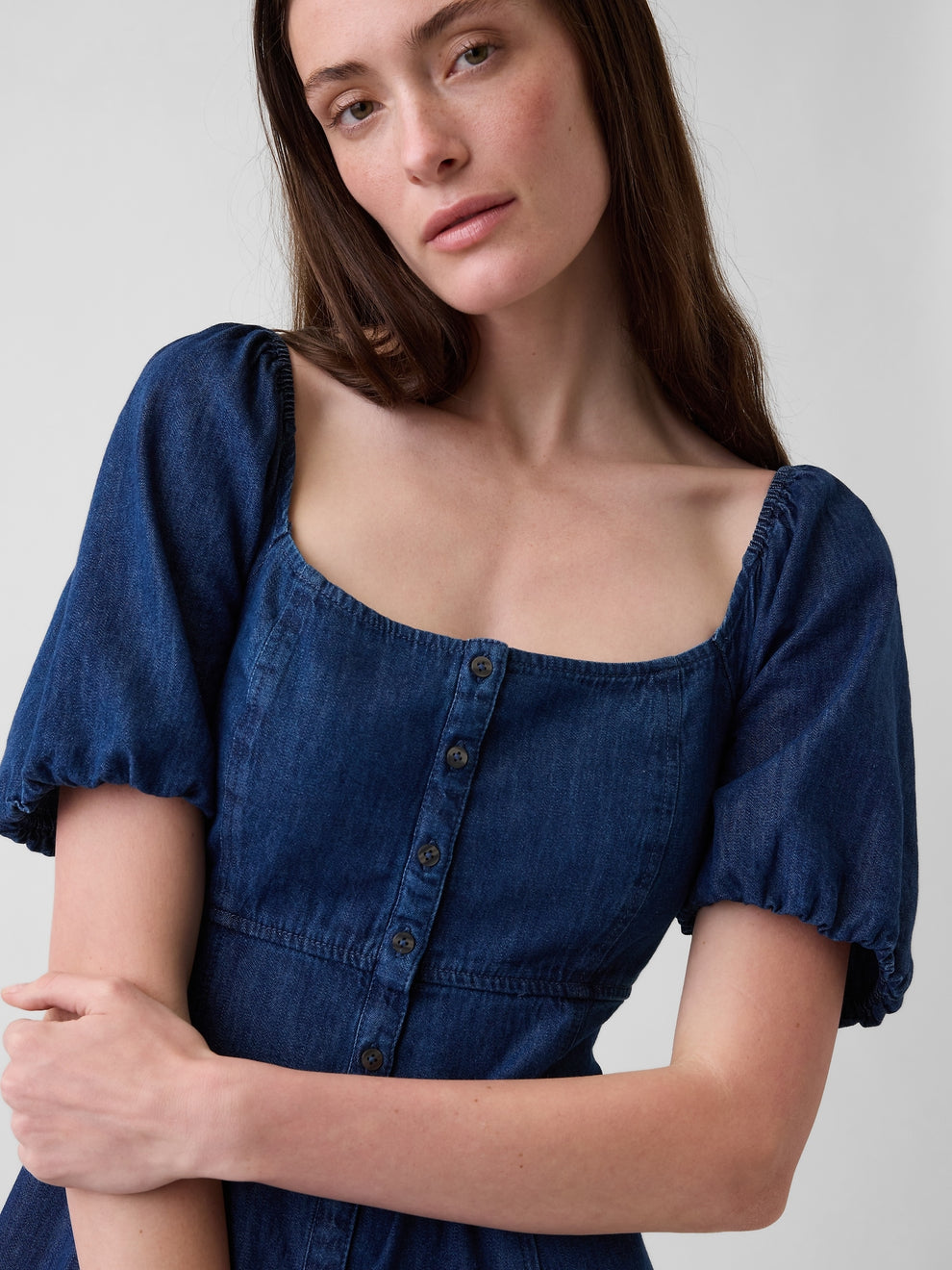Denim Puff-Sleeve Button-Front Maxi Dress - Dark wash