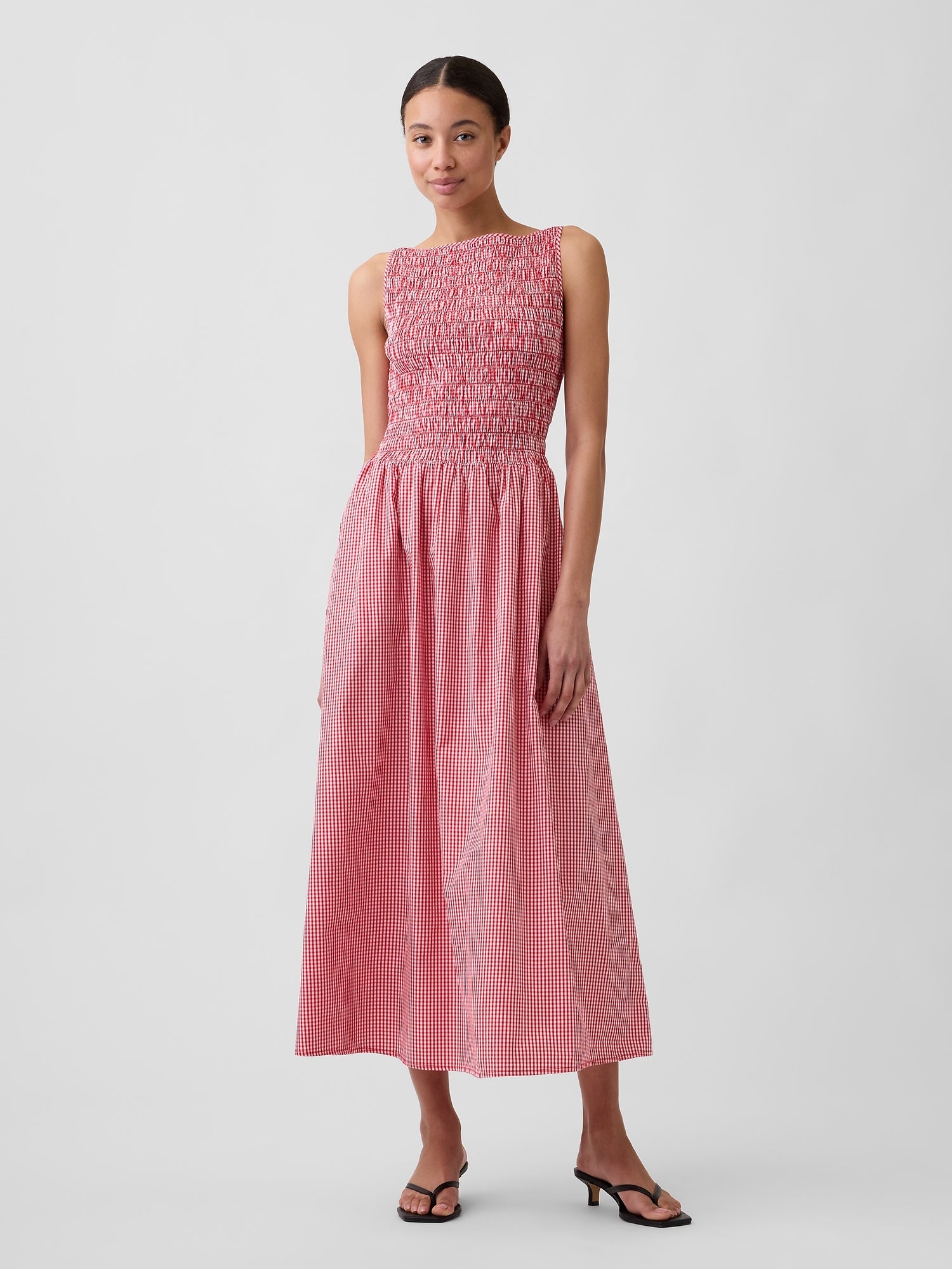 Smocked Boatneck Maxi Dress - Red gingham