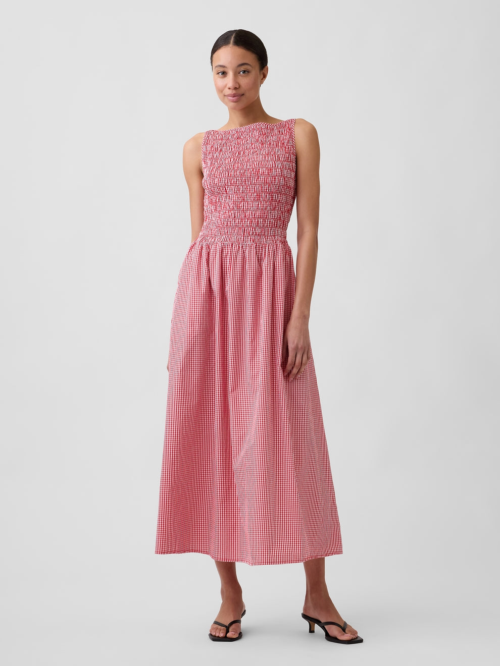 Smocked Boatneck Maxi Dress - Red gingham