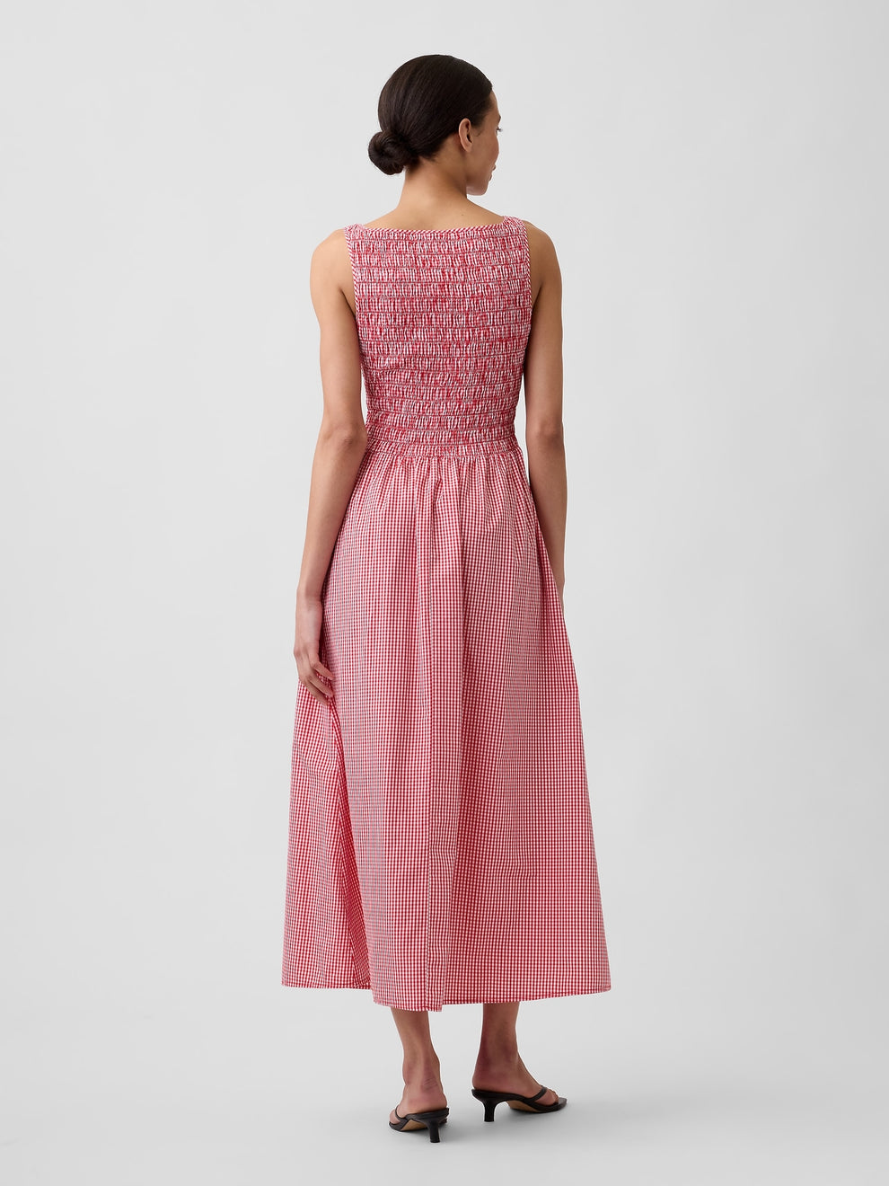 Smocked Boatneck Maxi Dress - Red gingham