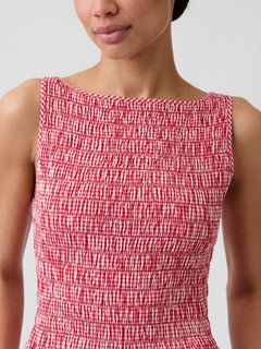 Smocked Boatneck Maxi Dress - Red gingham