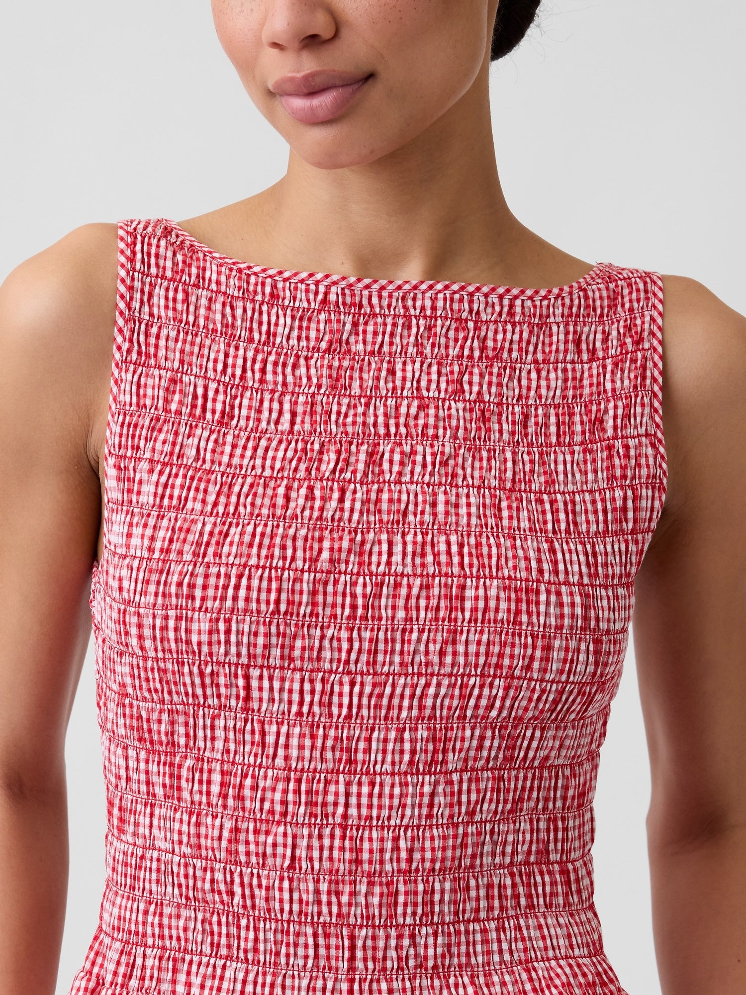 Smocked Boatneck Maxi Dress - Red gingham