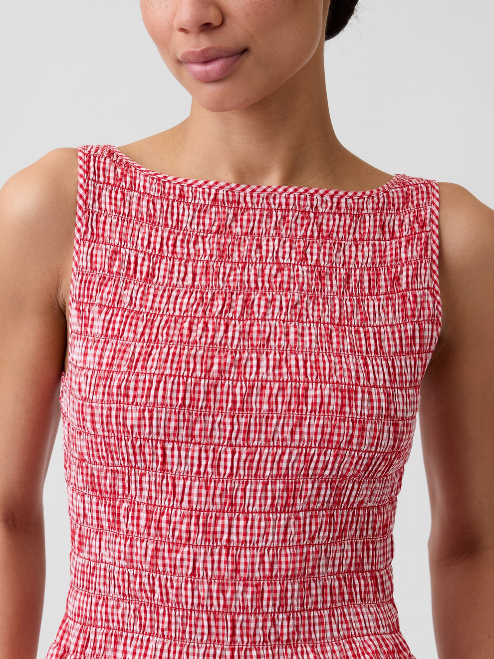 Smocked Boatneck Maxi Dress - Red gingham