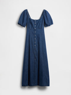 Denim Puff-Sleeve Button-Front Maxi Dress - Dark wash
