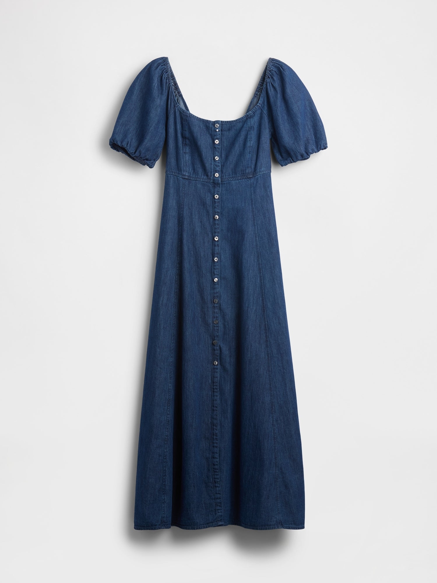 Denim Puff-Sleeve Button-Front Maxi Dress - Dark wash