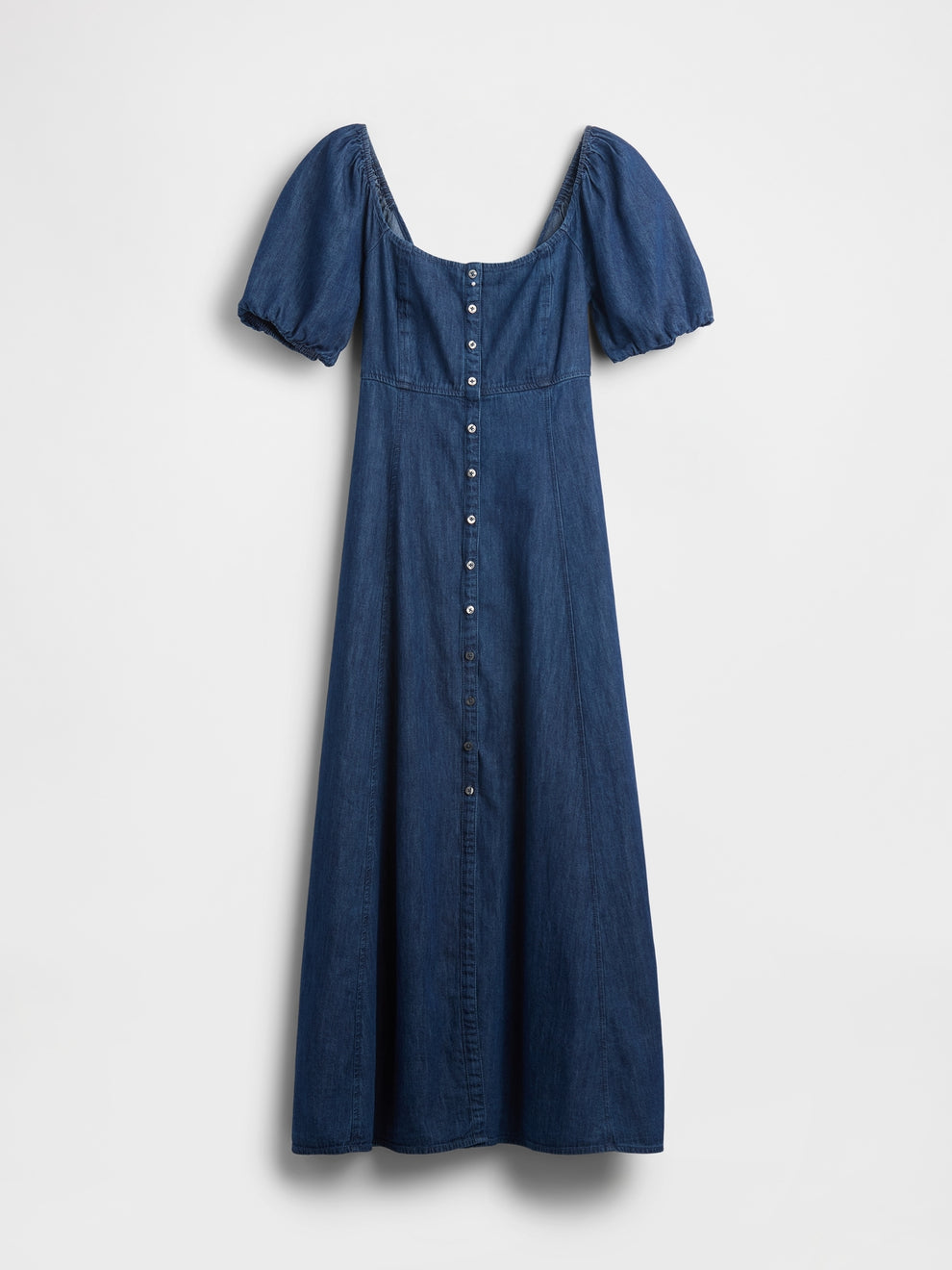 Denim Puff-Sleeve Button-Front Maxi Dress - Dark wash