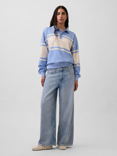 VintageSoft Terry Oversized Polo Sweatshirt - Blue stripe