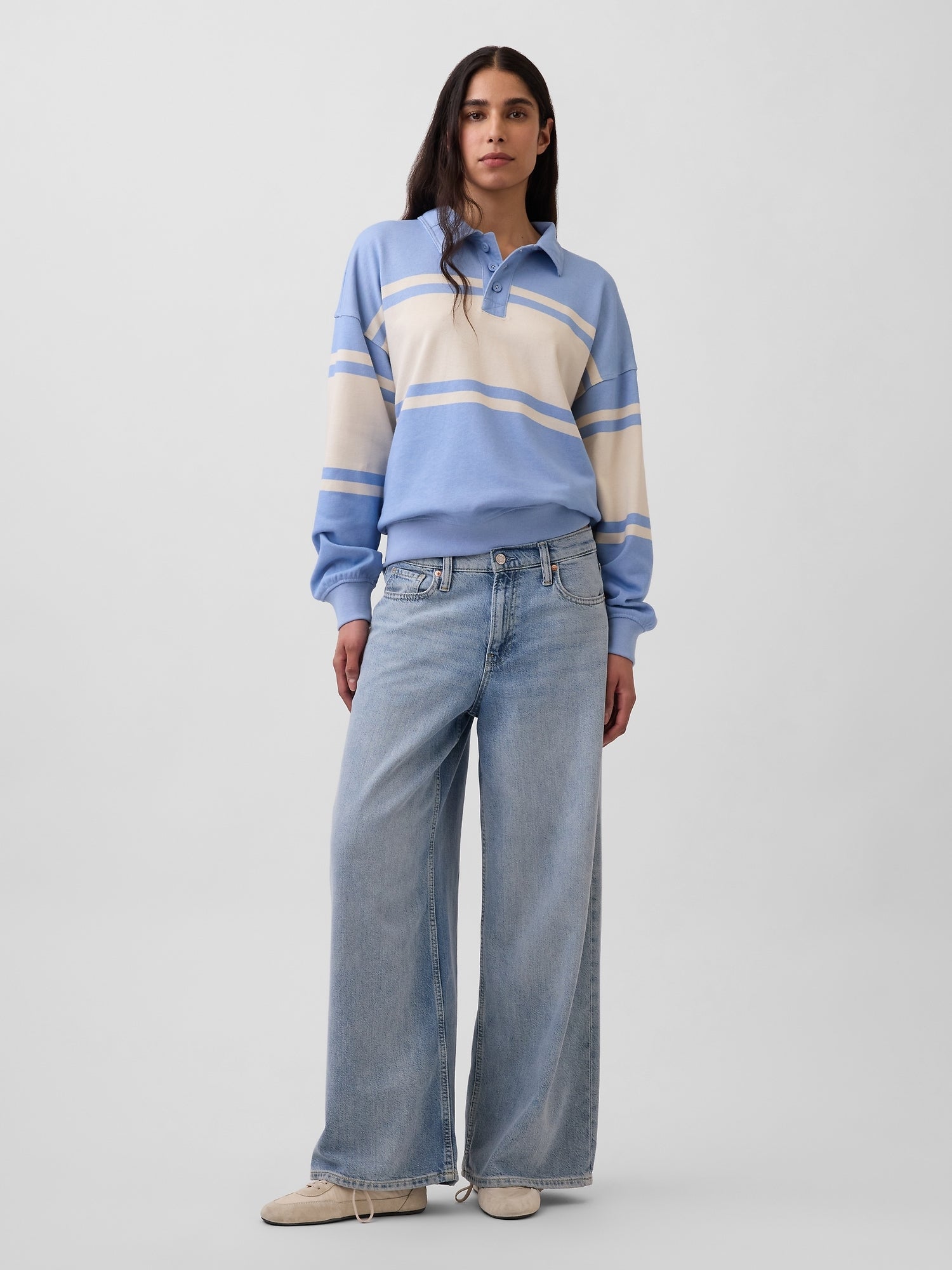 VintageSoft Terry Oversized Polo Sweatshirt - Blue stripe