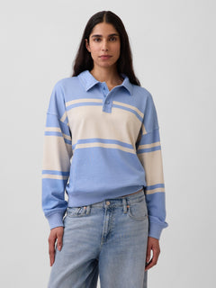 VintageSoft Terry Oversized Polo Sweatshirt - Blue stripe