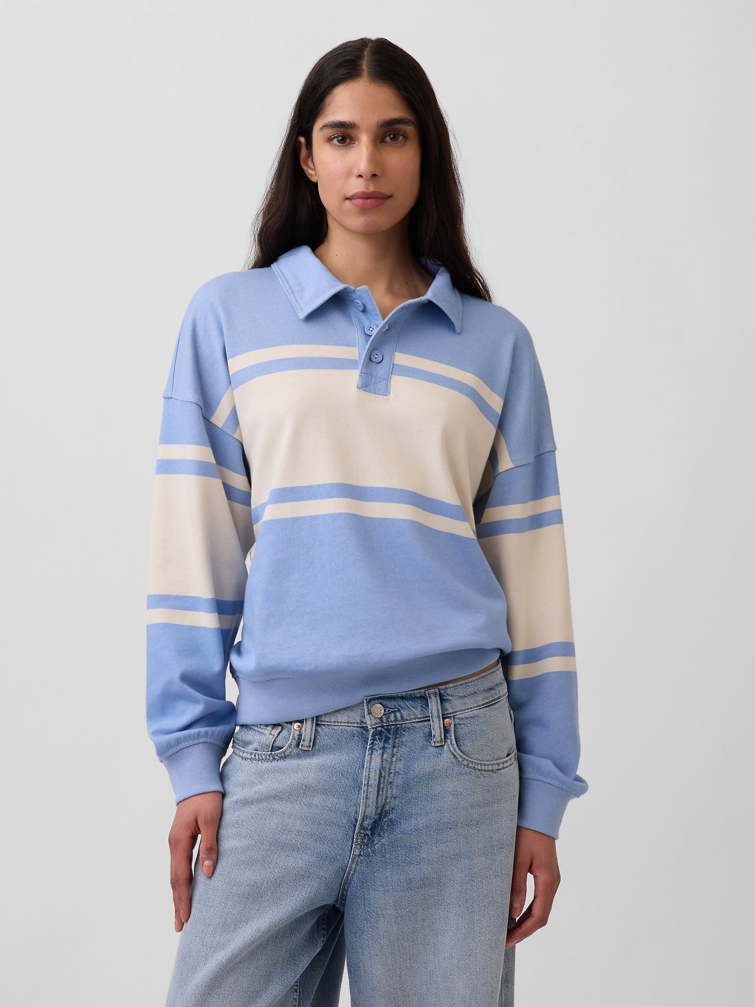 VintageSoft Terry Oversized Polo Sweatshirt - Blue stripe