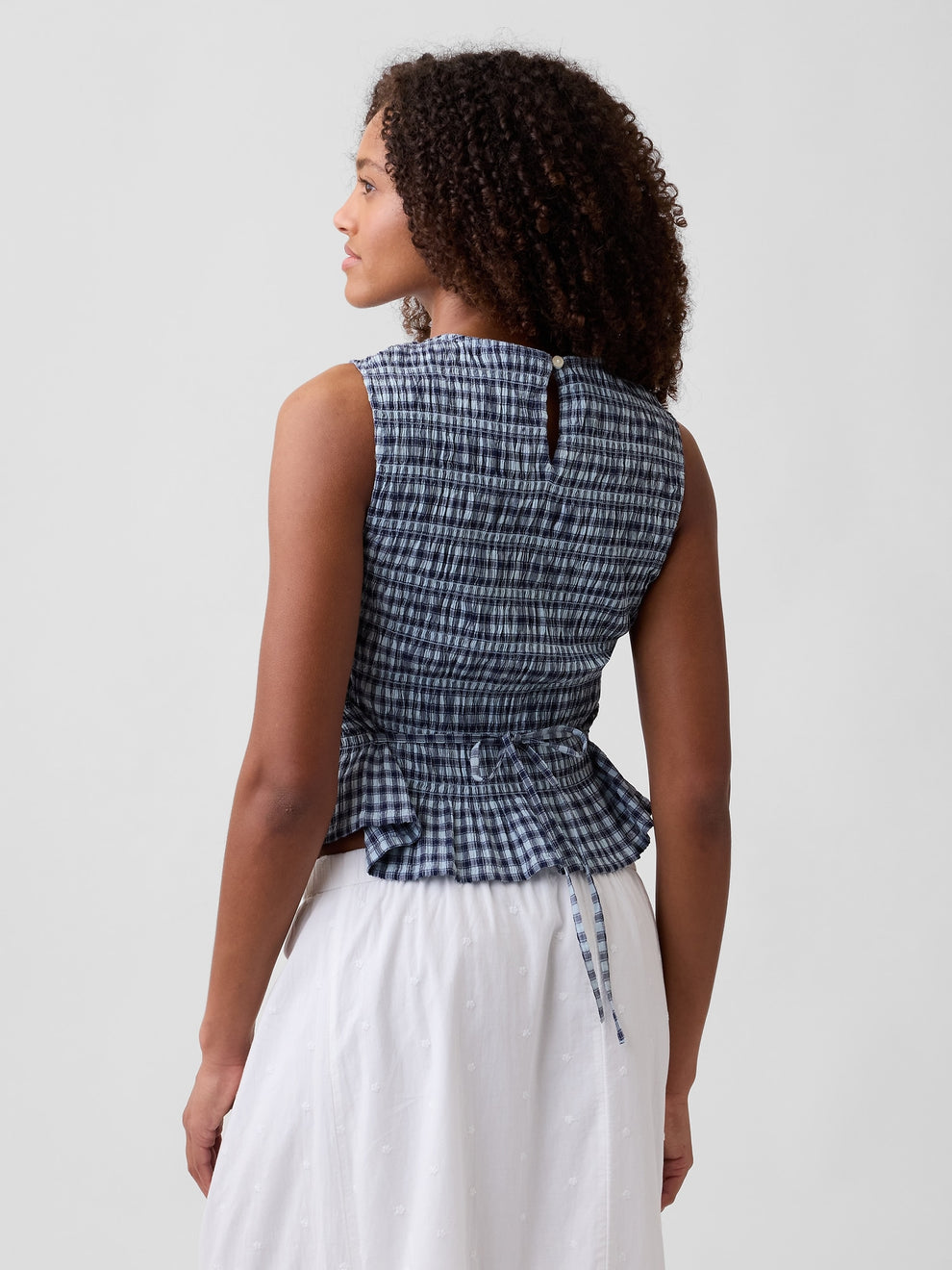 Smocked Gingham Crop Peplum Top - blue gingham