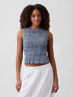 Smocked Gingham Crop Peplum Top - blue gingham