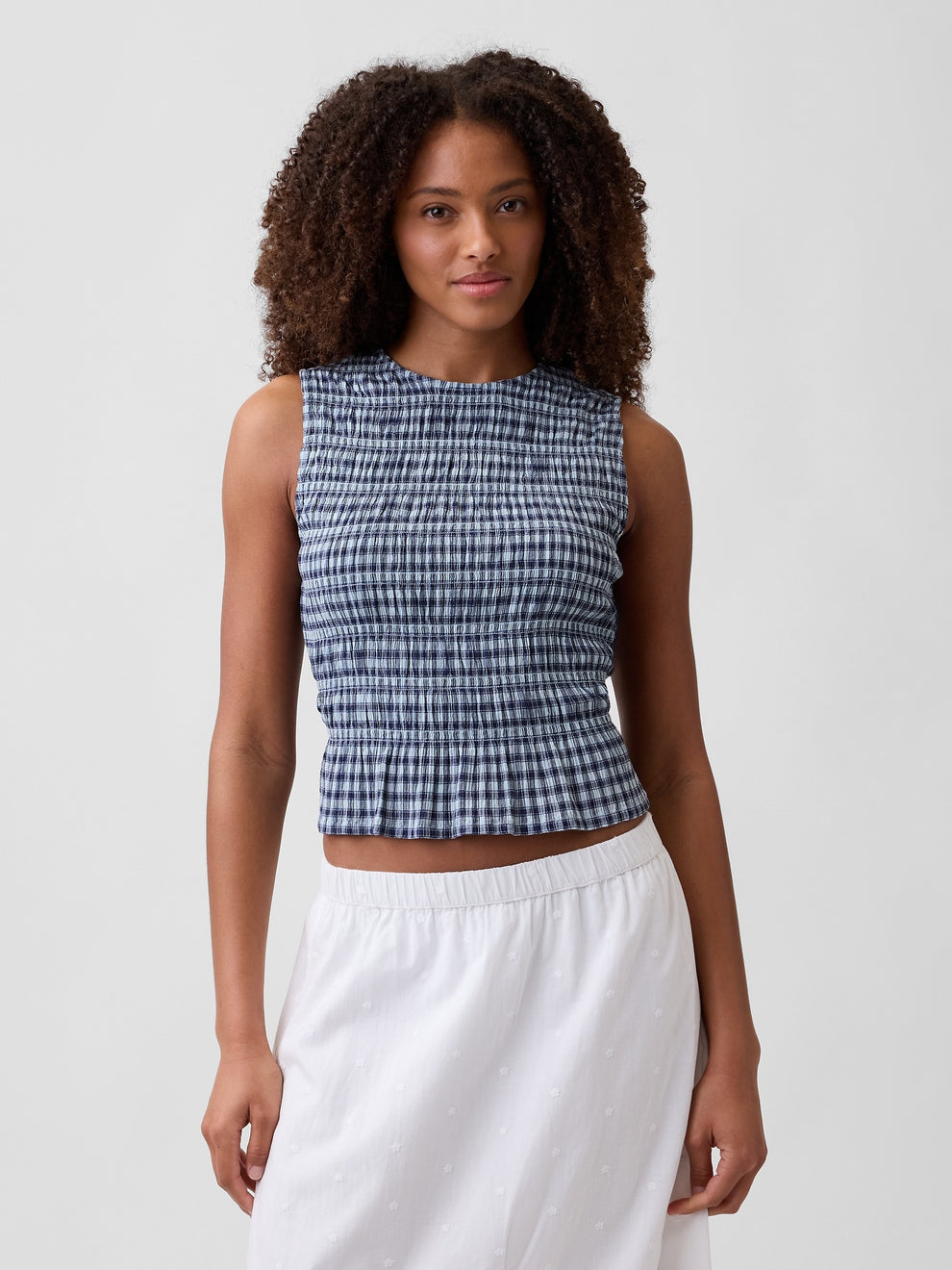 Smocked Gingham Crop Peplum Top - blue gingham