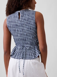 Smocked Gingham Crop Peplum Top - blue gingham