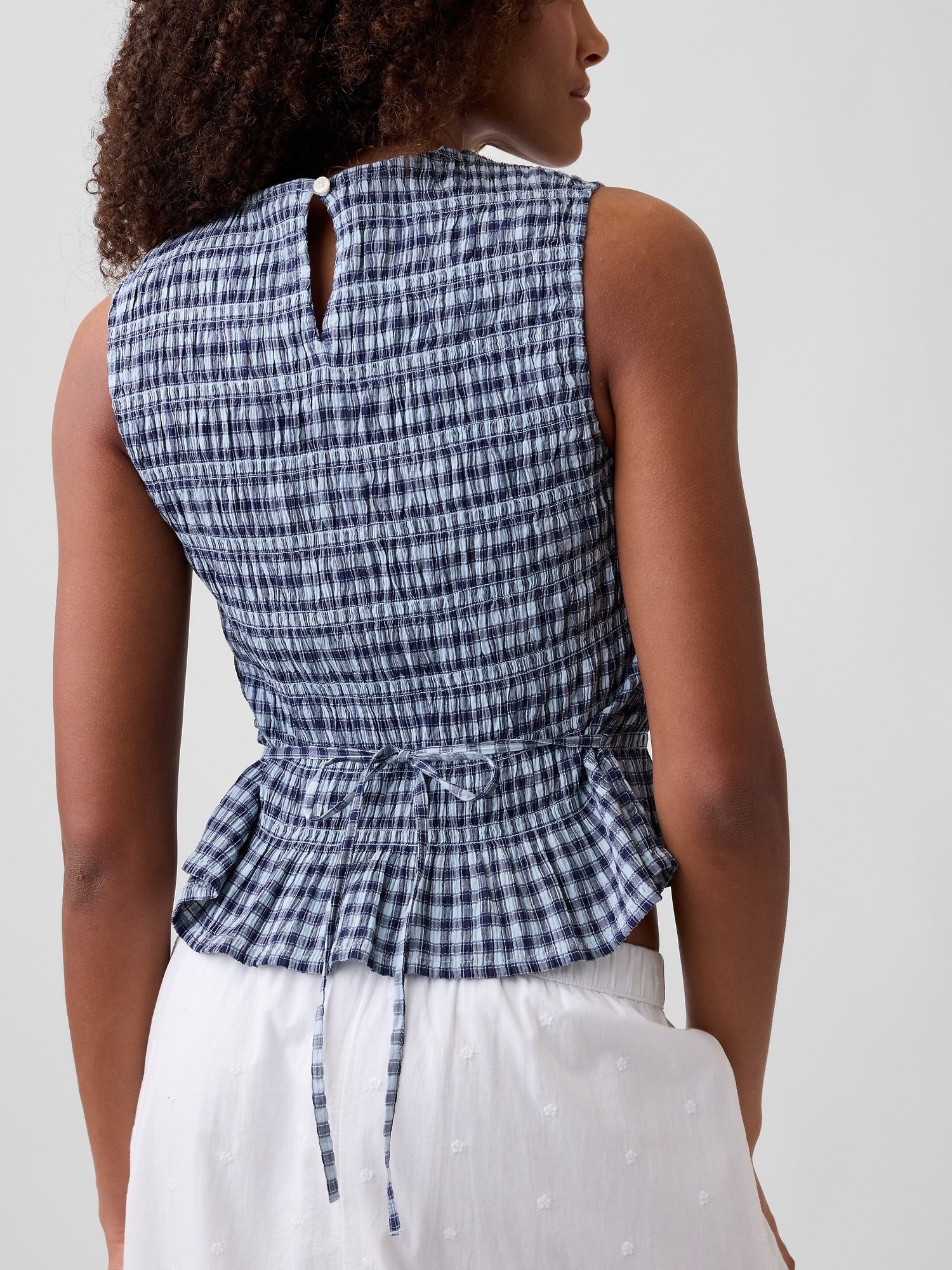 Smocked Gingham Crop Peplum Top - blue gingham