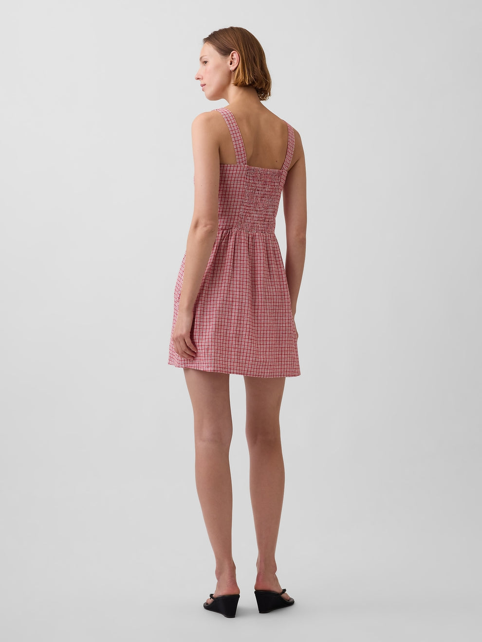 Linen-Blend Drop-Waist Mini Dress - Red gingham