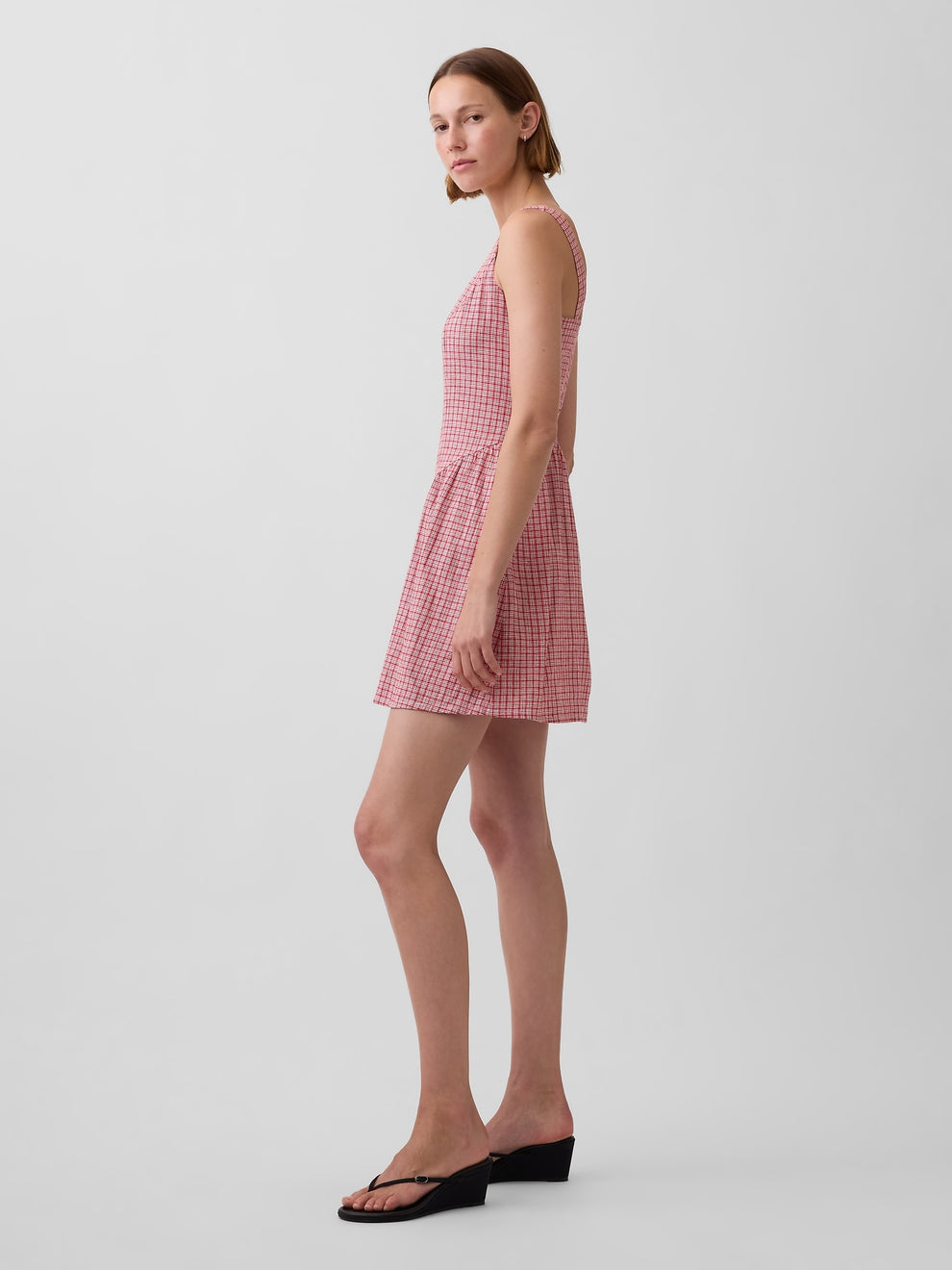 Linen-Blend Drop-Waist Mini Dress - Red gingham