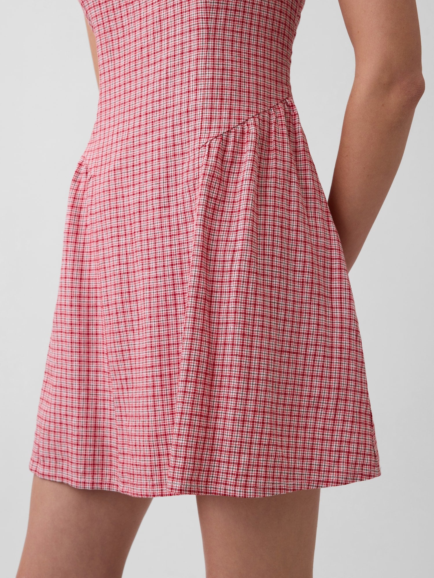 Linen-Blend Drop-Waist Mini Dress - Red gingham