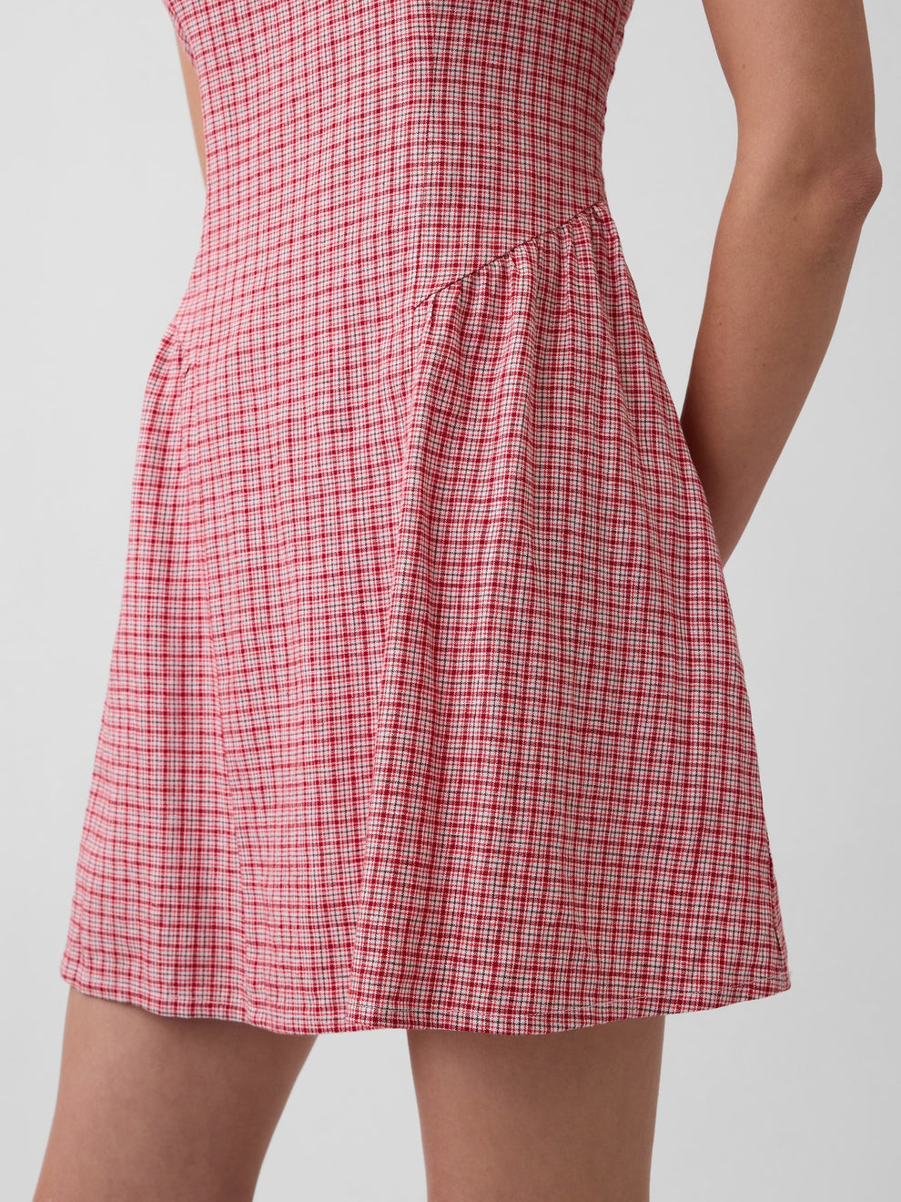 Linen-Blend Drop-Waist Mini Dress - Red gingham