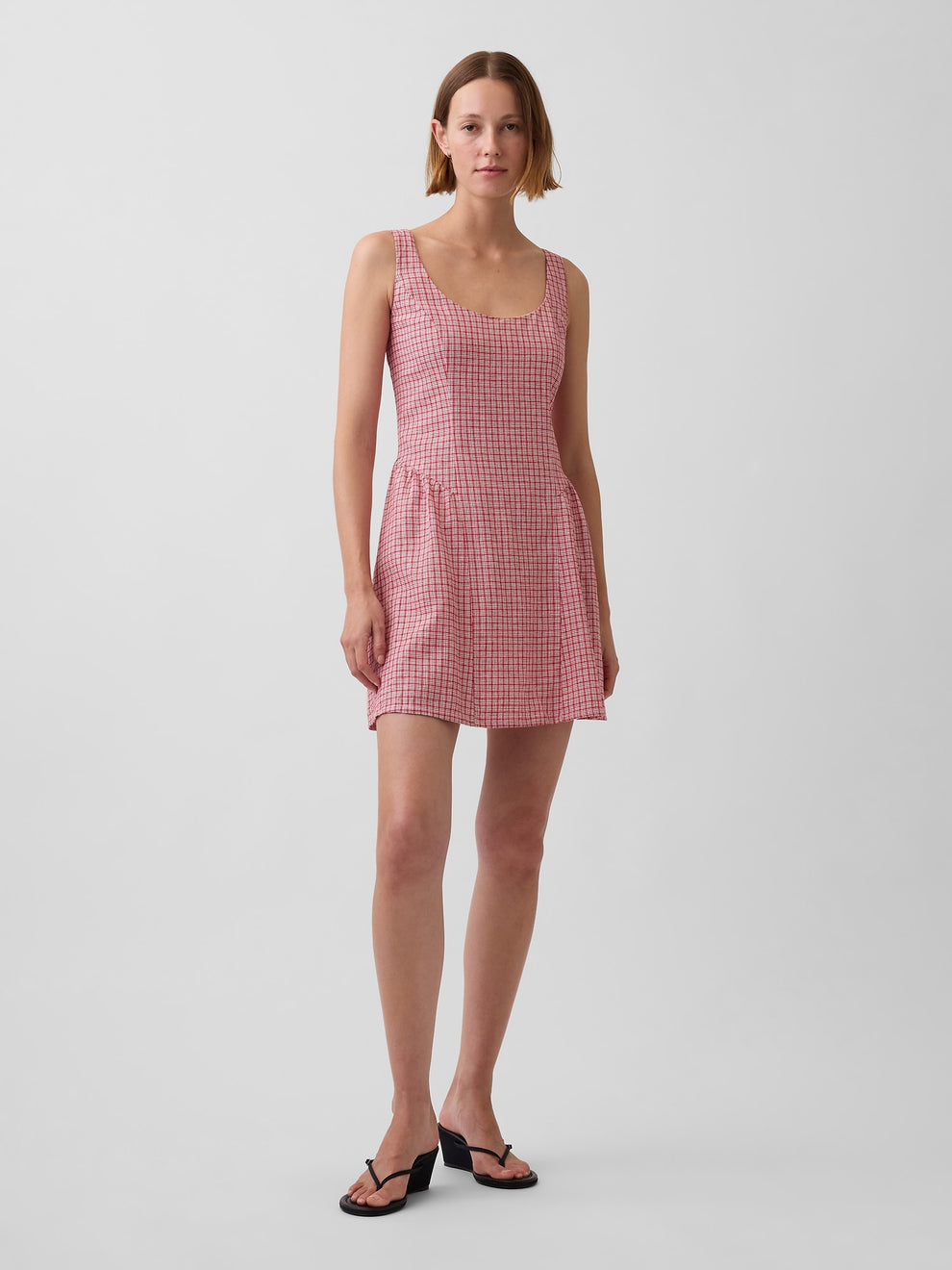Linen-Blend Drop-Waist Mini Dress - Red gingham