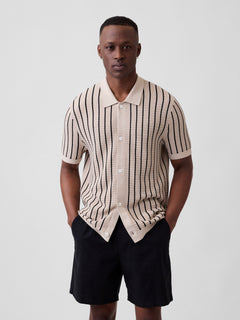 Button-Up Sweater Polo Shirt - Cobblestone beige